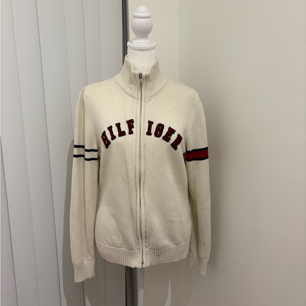 #y2k Tommy Hilfiger Ivory Zip-Up Jacket with Red and Black Details - Picture 3 of 4